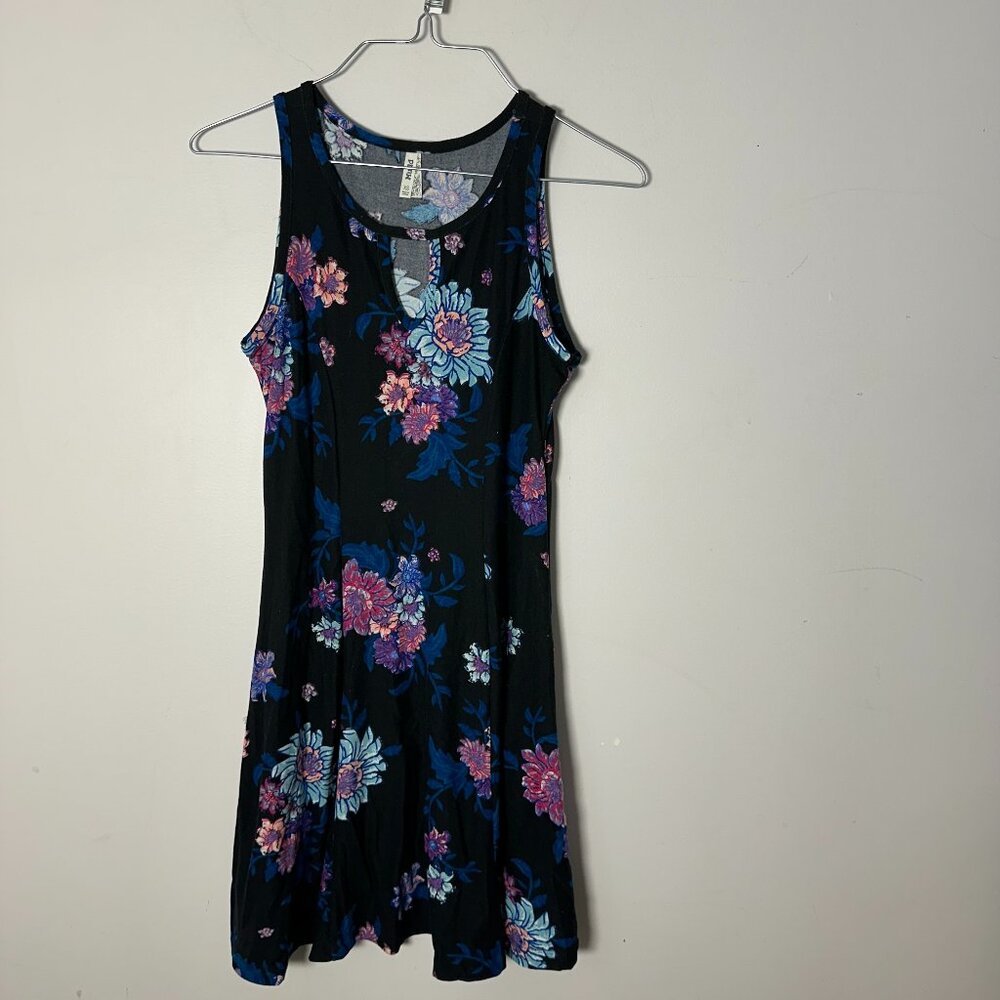 Mudd EUC Women's Juniors Sun Dress XS Blue Purple Pink Flowers on Black